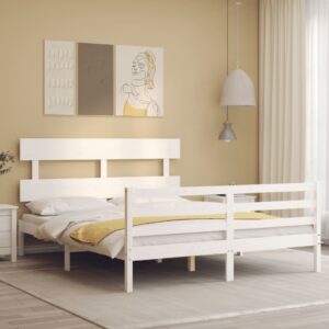 Bed Frame with Headboard  White 153x203 cm Queen Solid Wood