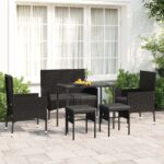 Black Poly Rattan Garden Lounge Set with Cushions - 6 Piece Outdoor Furniture Set