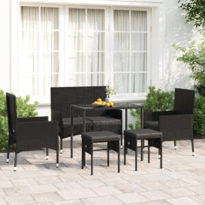 Black Poly Rattan Garden Lounge Set with Cushions - 6 Piece Outdoor Furniture Set