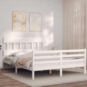 Bed Frame with Headboard  White 153x203 cm Queen Solid Wood