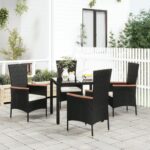 Set of 4 Black Poly Rattan Garden Chairs with Cream White Cushions and Acacia Wood Armrests