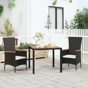 Outdoor Garden Table with Wooden Top in Black Poly Rattan and Solid Acacia Wood