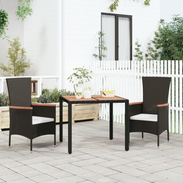 Outdoor Garden Table with Wooden Top in Black Poly Rattan and Solid Acacia Wood