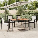 Black Poly Rattan Garden Table with Solid Acacia Wooden Top - Weather Resistant Outdoor Patio Furniture