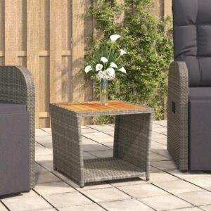 Grey Tea Table with Wooden Top  Poly Rattan and Solid Acacia Wood  Weather Resistant  Easy to Clean