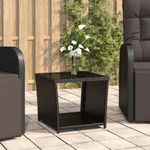 Black Poly Rattan Tea Table with Tempered Glass Top - Weather Resistant  Easy to Clean  Stable Frame