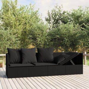 Outdoor Lounge Bed with Cushions in Black Poly Rattan - Adjustable  Weather Resistant  Comfortable