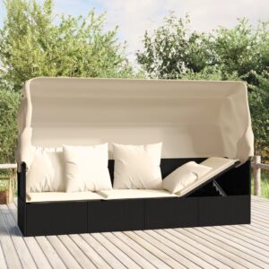 Outdoor Lounge Bed with Roof  Cushions  Adjustable Sides  UV Protection  Black Poly Rattan