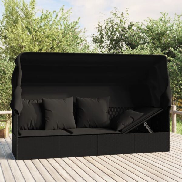 Outdoor Lounge Bed with Roof  Cushions  Adjustable  Foldable  UV Protection  Black Poly Rattan