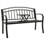 Stylish Black Garden Bench with Integrated Table  Powder-Coated Steel  Outdoor Seating