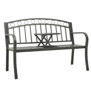 Stylish Grey Garden Bench with Integrated Table  Powder-Coated Steel  Outdoor Seating