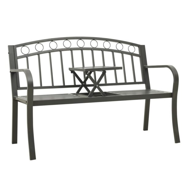 Stylish Grey Garden Bench with Integrated Table  Powder-Coated Steel  Outdoor Seating