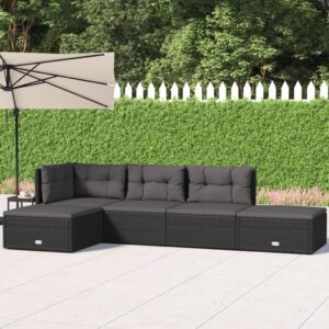 5 Piece Garden Lounge Set with Cushions Black Poly Rattan