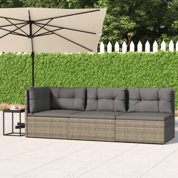 3 Piece Garden Lounge Set with Cushions Grey Poly Rattan