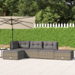 5 Piece Garden Lounge Set with Cushions Grey Poly Rattan