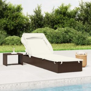 Adjustable Brown Sunbed with Foldable Roof  PE Rattan Material  Weather Resistant  Easy to Clean