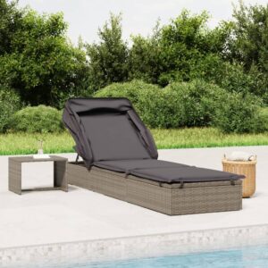 Grey Poly Rattan Sunbed with Adjustable Foldable Roof and Cushion  Weather Resistant  Poolside Lounger