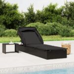 Black Poly Rattan Sunbed with Adjustable Foldable Roof and Cushion for Poolside Relaxation