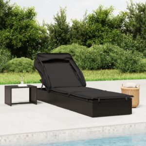 Black Poly Rattan Sunbed with Adjustable Foldable Roof and Cushion for Poolside Relaxation