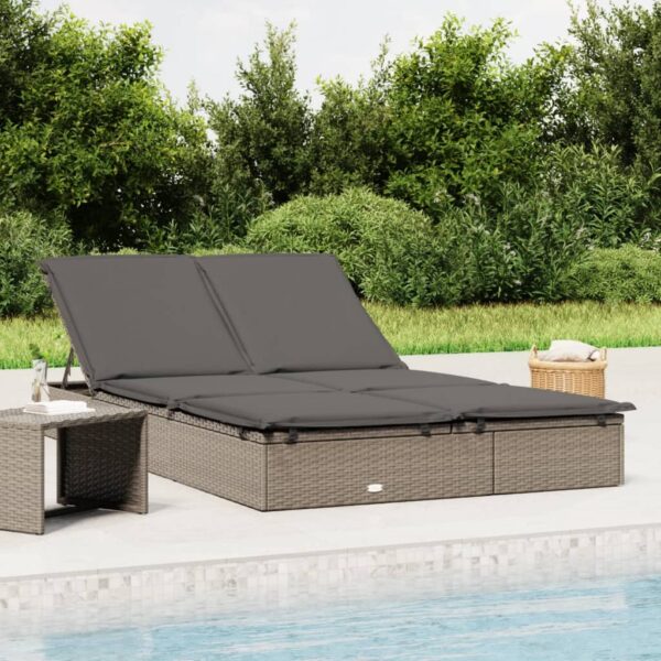 Adjustable Grey Rattan Sunbed for Two with Cushions - Weather Resistant  Easy Clean  Poolside Lounger