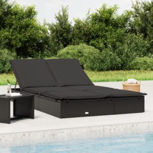 Adjustable 2-Person Sunbed with Cushions in Black Poly Rattan  Weather Resistant  Easy to Clean