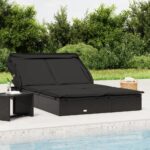 Black Poly Rattan 2-Person Sunbed with Adjustable Foldable Roof and Cushions