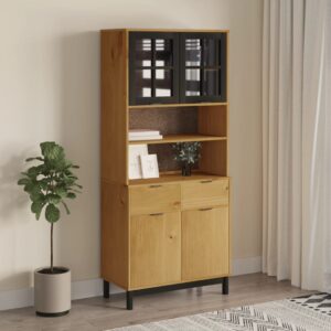 Solid Pine Wood Highboard with Glass Doors  FLAM Range  Ample Storage  Easy Maintenance