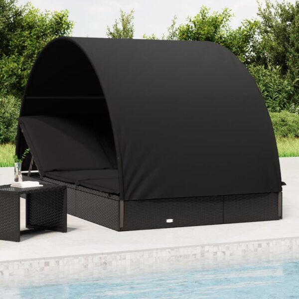 Black 2-Person Sunbed with Round Roof  Adjustable Seats  Poly Rattan Material  Weather Resistant  Easy to Clean