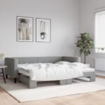 Light Grey Fabric Daybed with Trundle Single Size Convertible Sofa Bed Durable