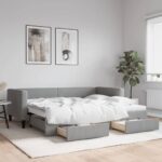 Light Grey Fabric Daybed with Trundle and Drawers  Single Size  Versatile Sofa Bed with Ample Storage