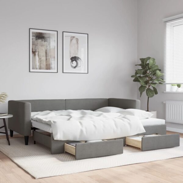 Dark Grey Daybed with Trundle and Drawers  Single Size Fabric  Versatile Sofa Bed with Ample Storage