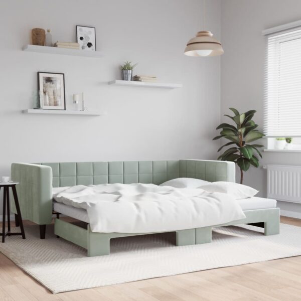 Light Grey Velvet Daybed with Trundle Single Size  Convertible Sofa Bed  Modern Design