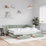 Light Grey Velvet Daybed with Trundle and Drawers  Single Size  2-in-1 Sofa Bed  Ample Storage  Modern Design