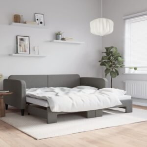 Dark Grey Fabric Daybed with Trundle  Single Size  Versatile Sofa Bed  Solid Wood and Metal Frame