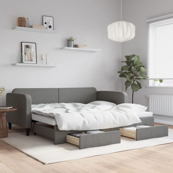 Dark Grey Single Size Fabric Daybed with Trundle and Drawers - Versatile Sofa Bed with Ample Storage