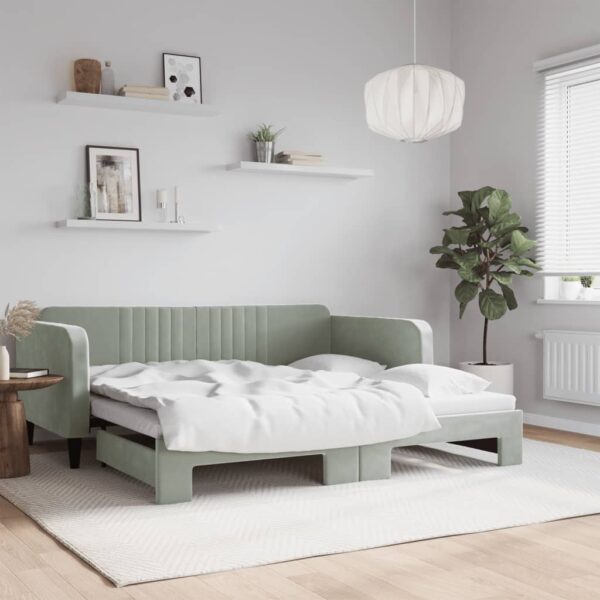 Light Grey Velvet Daybed with Trundle  Single Size  2-in-1 Sofa Bed  Modern Design  Sturdy Frame