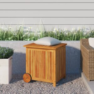 Solid Acacia Wood Garden Storage Box with Wheels  Water-Resistant Inner Bag  Ample Space