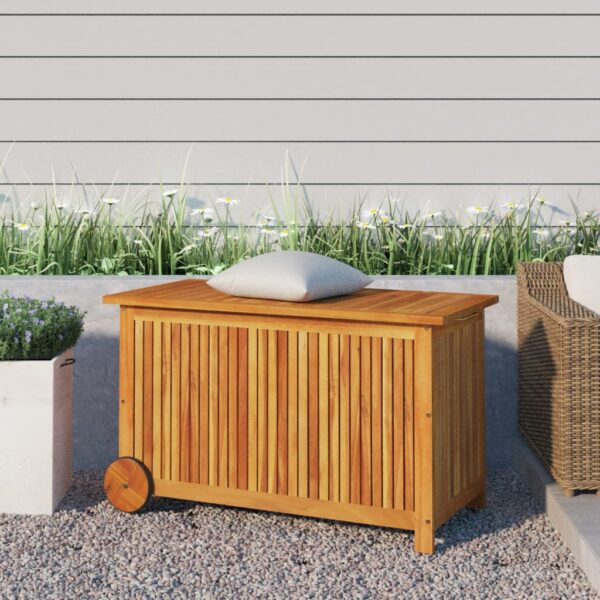 Solid Acacia Wood Garden Storage Box with Wheels  Water-Resistant Inner Bag  Ample Space