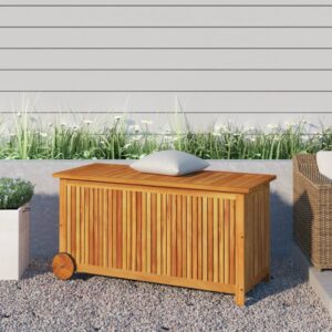 Solid Acacia Wood Garden Storage Box with Wheels  Water-Resistant Inner Bag  Ample Space