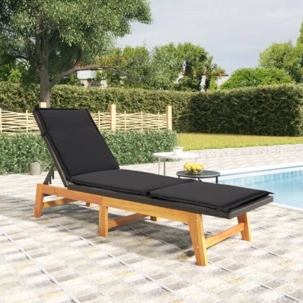 Classic Sun Lounger with Cushion  Poly Rattan and Solid Acacia Wood  Adjustable Backrest  Black and Brown