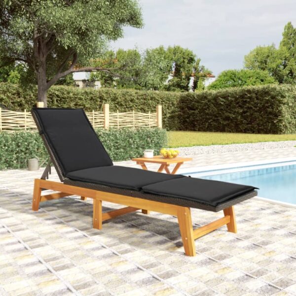 Adjustable Sun Lounger with Table  Solid Acacia Wood and Poly Rattan  Black and Brown