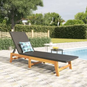 Classic Sun Lounger in Black and Brown Poly Rattan with Solid Acacia Wood Frame  Adjustable Backrest  Ideal for Patio  Poolside  Garden