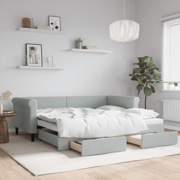 Light Grey Velvet Daybed with Trundle and Drawers  Single Size  Sofa Bed  Guest Bed  Modern Design