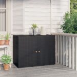 Black Poly Rattan Garden Storage Cabinet with Solid Acacia Wood Doorknobs and Powder-Coated Steel Frame