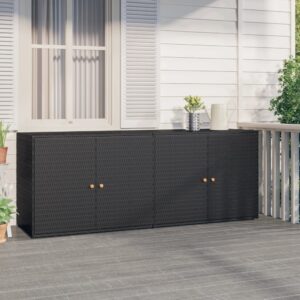 Black Poly Rattan Garden Storage Cabinet with Solid Acacia Wood Doorknobs and Powder-Coated Steel Frame