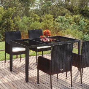 Black Poly Rattan Garden Table with Glass Top  Weather Resistant  Easy Assembly  Outdoor Patio Furniture