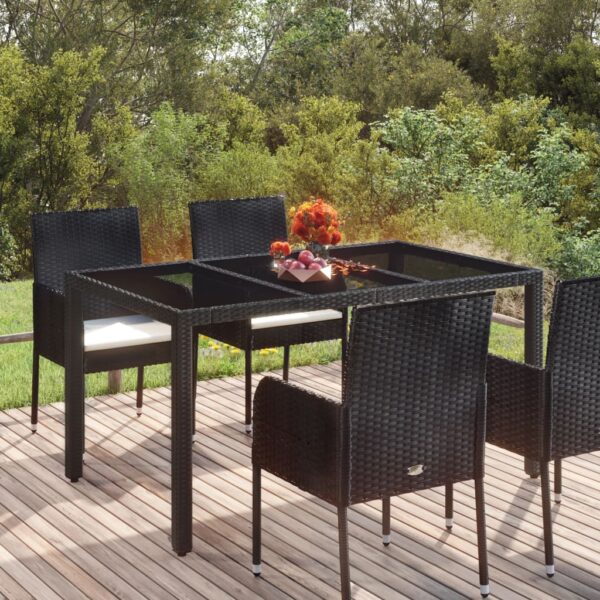 Black Poly Rattan Garden Table with Glass Top  Weather Resistant  Easy Assembly  Outdoor Patio Furniture