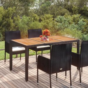 Black Garden Table with Wooden Top  Poly Rattan Material  Weather Resistant  Easy to Clean