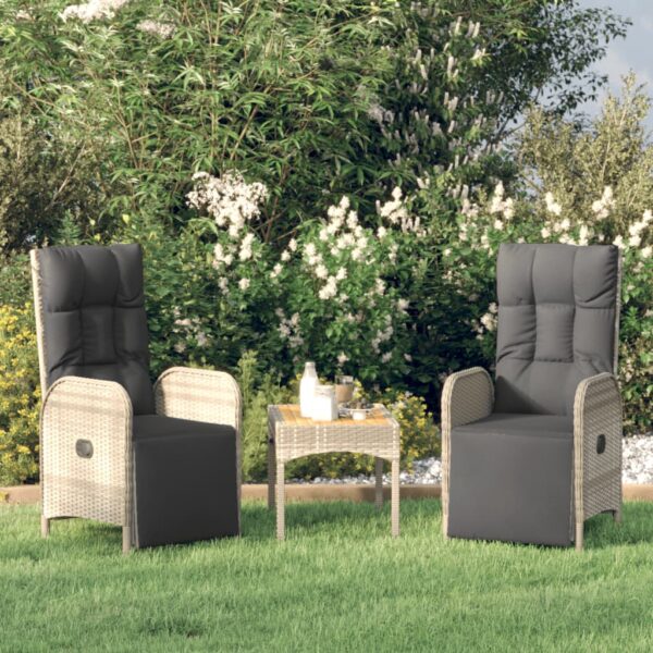 Grey Poly Rattan Garden Reclining Chairs Pair with Table - Weather Resistant  Adjustable Backrest and Footrest  Comfortable Cushions Included