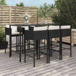 7 Piece Garden Bar Set with Cushions Black Poly Rattan